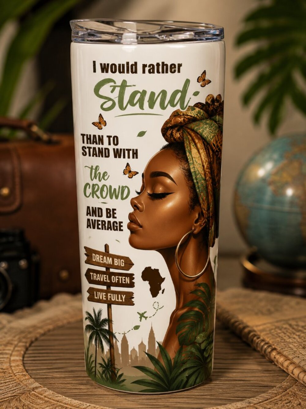 Inspirational Afrocentric Travel Tumbler - White with Green & Brown Accents